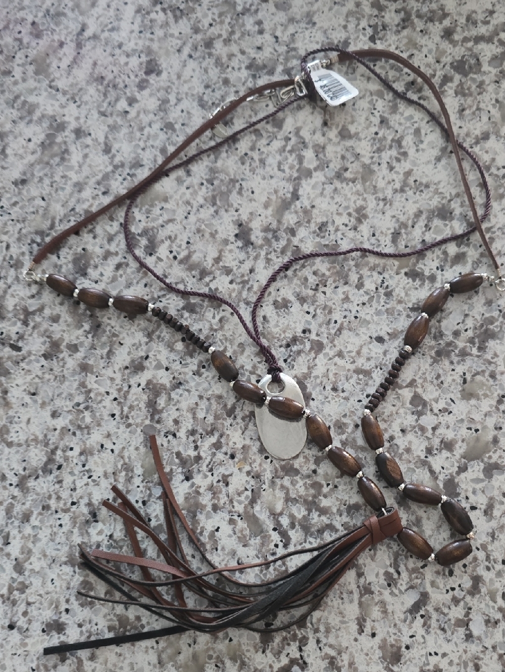 Layered Brown Bead & Leather Tassel Necklace